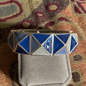 Geometric Blue Enamel and Silvertone Bangel Bracelet
